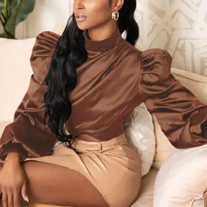 Brown satin high neck puff sleeve crop top for women elegant autumn fashion apparel