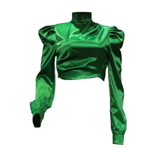 Green satin high neck crop top with long puff sleeves, stylish autumn fashion shirt.