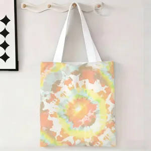 Sac fourre-tout en toile à motif spirale tie-dye coloré avec anses blanches suspendu au mur