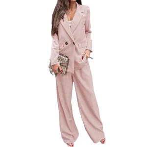 Detail view of fashionable women casual loose long sleeve blazer trousers two piece suit in pink.