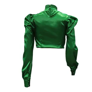 Emerald green satin high collar crop top with long puff sleeves and elegant back button design.