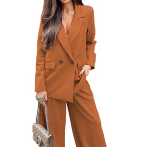 Detailed view of women casual caramel double breasted blazer and wide leg pants suit set.