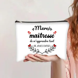 White canvas pouch for teacher gifts featuring French text 'Merci maîtresse' print