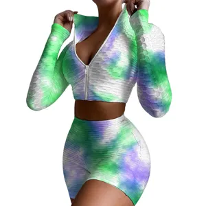 Women Tie Dye Long Sleeve Zip Crop Top Biker Shorts Activewear Workout Two Piece Set
