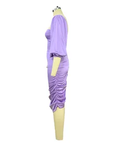 Side detail view of light purple long sleeve ruched midi dress, elegant square neckline.