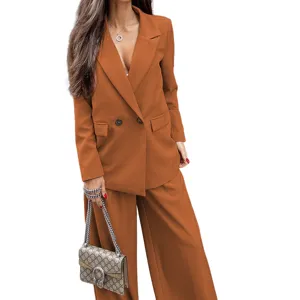 Women orange blazer and wide-leg trousers two-piece suit set for autumn and winter fashion.