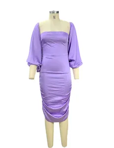 Purple square neck ruched puff sleeve bodycon dress detail showing elegant texture and fit.