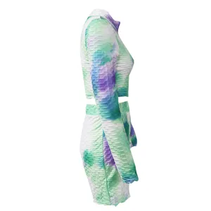 Tie-dye long sleeve crop top and matching shorts athletic two-piece set for women autumn.