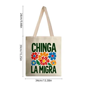 Bolso de lona grande con estampado floral 'Chinga La Migra' y dimensiones del producto