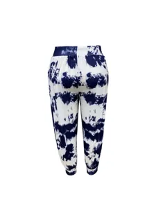 Back view detail of women casual tie-dye printed long pants with elastic high waist.
