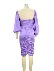 Purple square neck lantern sleeve ruched bodycon dress rear view detail presentation