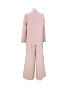 Elegantly designed pink casual long sleeve blazer and wide leg trousers two piece suit.