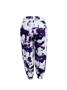 Detailed view of women casual purple tie dye high waist jogger pants back side design.