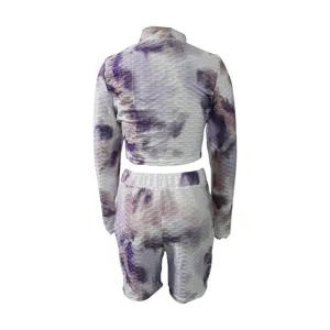 Purple tie dye texture long sleeve crop top and shorts activewear set back view detail