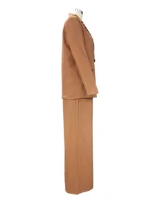 Casual brown two-piece blazer and wide-leg trousers suit set, side view detail display.
