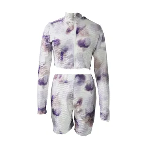 Women tie-dye activewear set long sleeve zip crop top and matching shorts casual sportswear