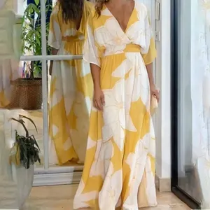 Elegant Women V-Neck Half Sleeve Floral Printed A-Line Maxi Dress Bohemian Pullover Summer Casual Long Dress Yellow
