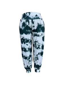 Detail shot of women casual high waist tie dye lounge pants with cuffed hem comfortable fit.