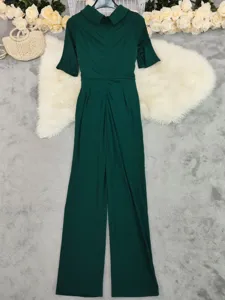 Dark green lapel half sleeve wide leg jumpsuit, elegant spring women's fashion wear.