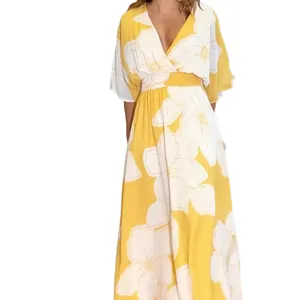 Women's V-neck floral print maxi dress, casual half sleeve high waist A-line summer long dress.