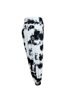 Womens casual black and white tie-dye print lounge pants detail view showcasing pattern.