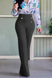 Damen hohe Taillierte gerade Hose elegante Freizeit Hose mit zweireihigen Knöpfen im Detail.