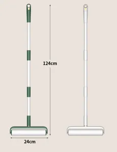 Long handled sticky roller with telescopic stainless steel pole and 24cm width for easy floor cleaning.