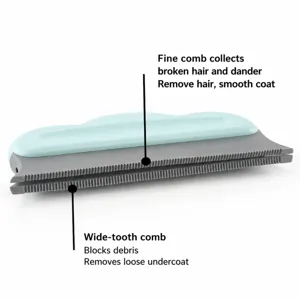Pet hair removal tool with double row teeth for cleaning dog cat hair on carpets.