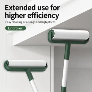 Long handle lint roller with stainless steel pole and wide roller for easy high cleaning.