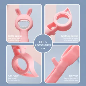 Multi-functional 4-in-1 cute pink bottle opener and jar opener for home kitchen use.