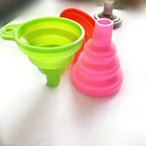 Portable silicone foldable funnel for kitchen liquid dispensing and outdoor travel use.