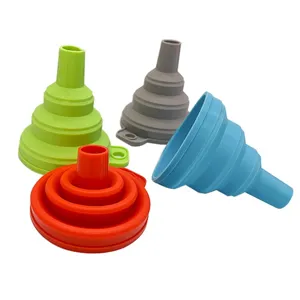 Collapsible silicone funnel detail showcasing portable folding kitchen liquid dispensing tool.