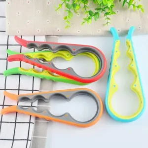 Multi-functional plastic jar bottle opener 4-in-1 kitchen tool for easy lid removal.