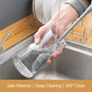 Modern Long Handle Silicone Cup Brush Flexible Water Bottle Cleaner Scrubber Grime Dirt Removal Tool For Kitchen Glass Tumbler Feeding Bottle Mug Cleaning