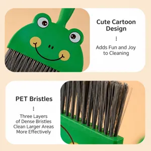 Mini desktop broom set with cute frog design, plastic handle and durable PET bristles for cleaning.