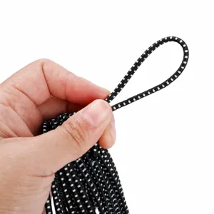 Detail view of 3mm black elastic bungee cord with rubber core, ideal for outdoor gear and apparel.