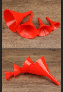 Set of 4 red plastic funnels for kitchen cooking, household multi-purpose liquid pouring tools.