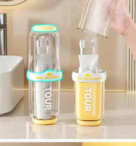 Portable travel toothbrush cup set, transparent multi-functional wash cup for family trips.