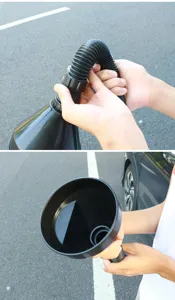 Embudos de plástico negro con manguera flexible y filtro, diseño duradero para uso automotriz.