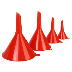 Set of 4 red plastic slanted funnels for household and automotive use, main product view.