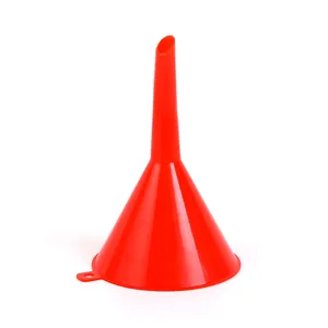 Red plastic funnel for kitchen and garage use, durable long stem liquid pouring tool with loop.