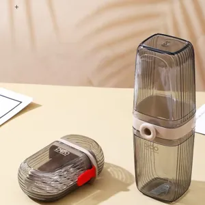 Portable travel toothbrush cup set, grey striped transparent toothpaste storage box.
