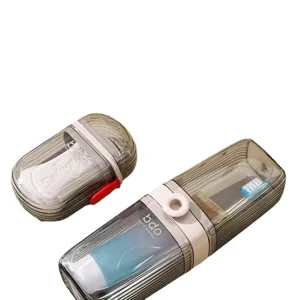 Portable travel toothbrush case and soap box set, clear grey plastic organizer for toiletries.