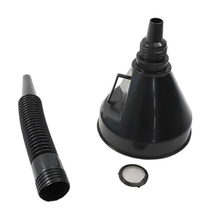 Juego de embudo de plástico negro de 13 cm con tubo de extensión flexible y filtro.