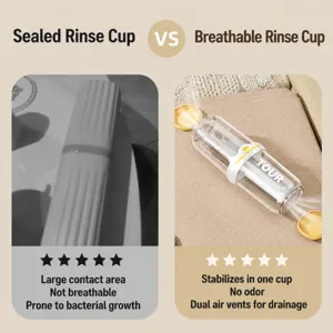 Portable 4-in-1 travel toothbrush cup, clear transparent mouthwash cup with drain holes.