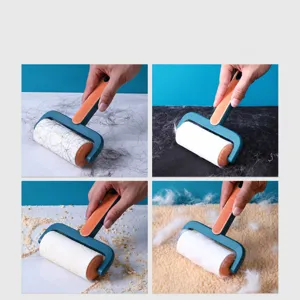 Reusable pet hair remover roller with dust cover for clothes and furniture cleaning.