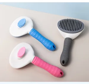 Pet self-cleaning slicker brush detail view showing stainless steel pins and ergonomic handle for pets