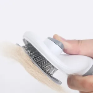 Pet grooming brush with self-cleaning button, stainless steel slicker pins for cats and dogs