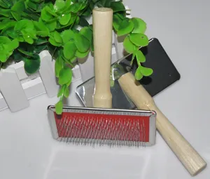 Wooden handle pet slicker brush detail view, stainless steel pins for cat dog grooming.