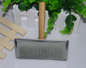 Pet slicker brush for cats and dogs, stainless steel pin grooming tool with wooden handle.